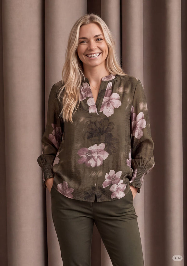 I SAY Ane Printed Blouse Blouses G13 Khaki Flowerdream