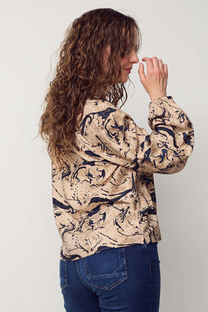 I SAY Ane V-Neck Blouse Blouses M08 Camel w/Black Brush