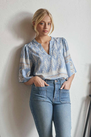 I SAY Ane s/s Blouse Blouses D88 Light Blue Border Paisley