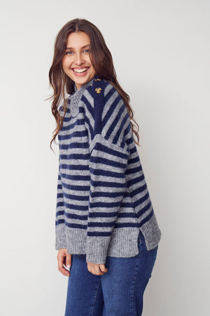I SAY Anna Button Pullover Knitwear M30 Grey w/Blue Stripe