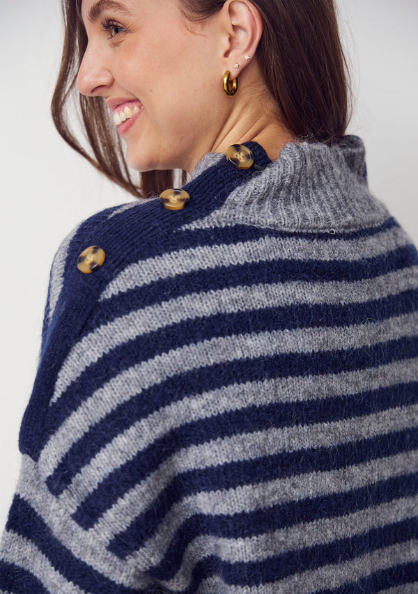 I SAY Anna Button Pullover Knitwear M30 Grey w/Blue Stripe