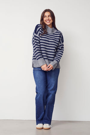 I SAY Anna Button Pullover Knitwear M30 Grey w/Blue Stripe