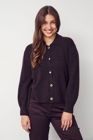 I SAY Anna Colar Cardigan Knitwear 357 Dark Brown Melange