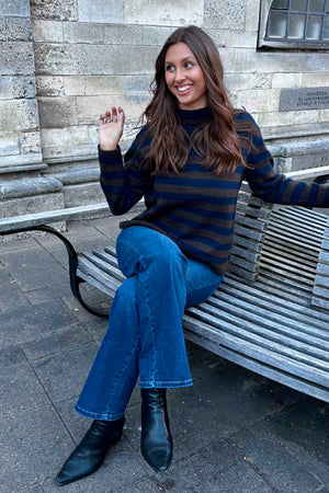 I SAY Anna Highneck Pullover Knitwear M05 Brown/Navy Stripe