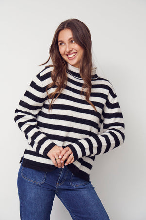 I SAY Anna Highneck Pullover Knitwear M27 Black/Cream Stripe