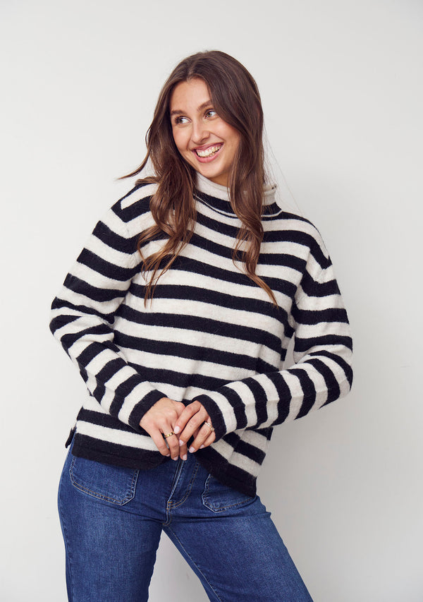 I SAY Anna Highneck Pullover Knitwear M27 Black/Cream Stripe