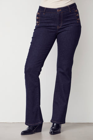 I SAY Como Flare Button Jeans Pants K97 Unwashed Denim