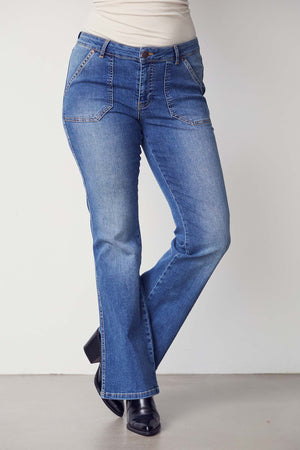 I SAY Como Long Flare Jeans Pants 606 Mid Denim