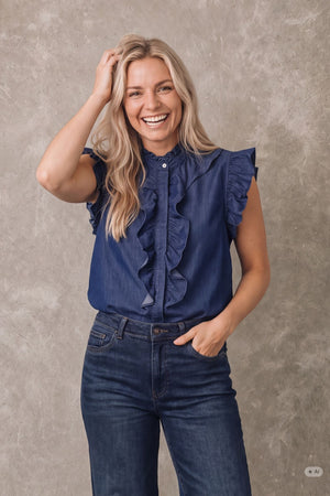 I SAY Ganja Flounce Top Tops 687 Dark Denim Wash