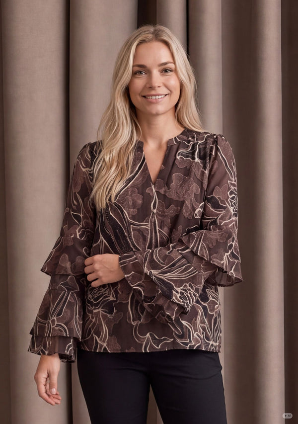 I SAY Obi Flounce Blouse Blouses P14 Brown Flower
